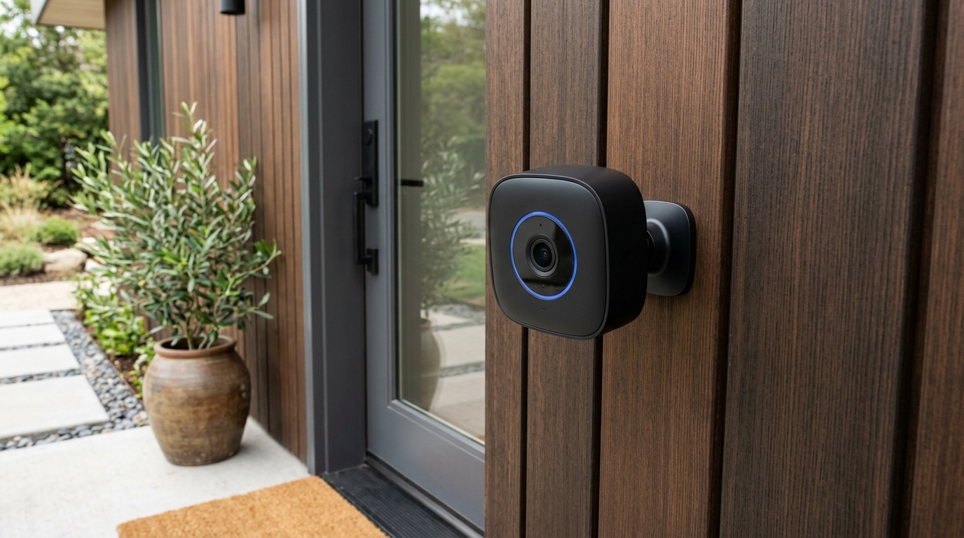 Wire-free outdoor smart camera mounted on modern cedar home exterior